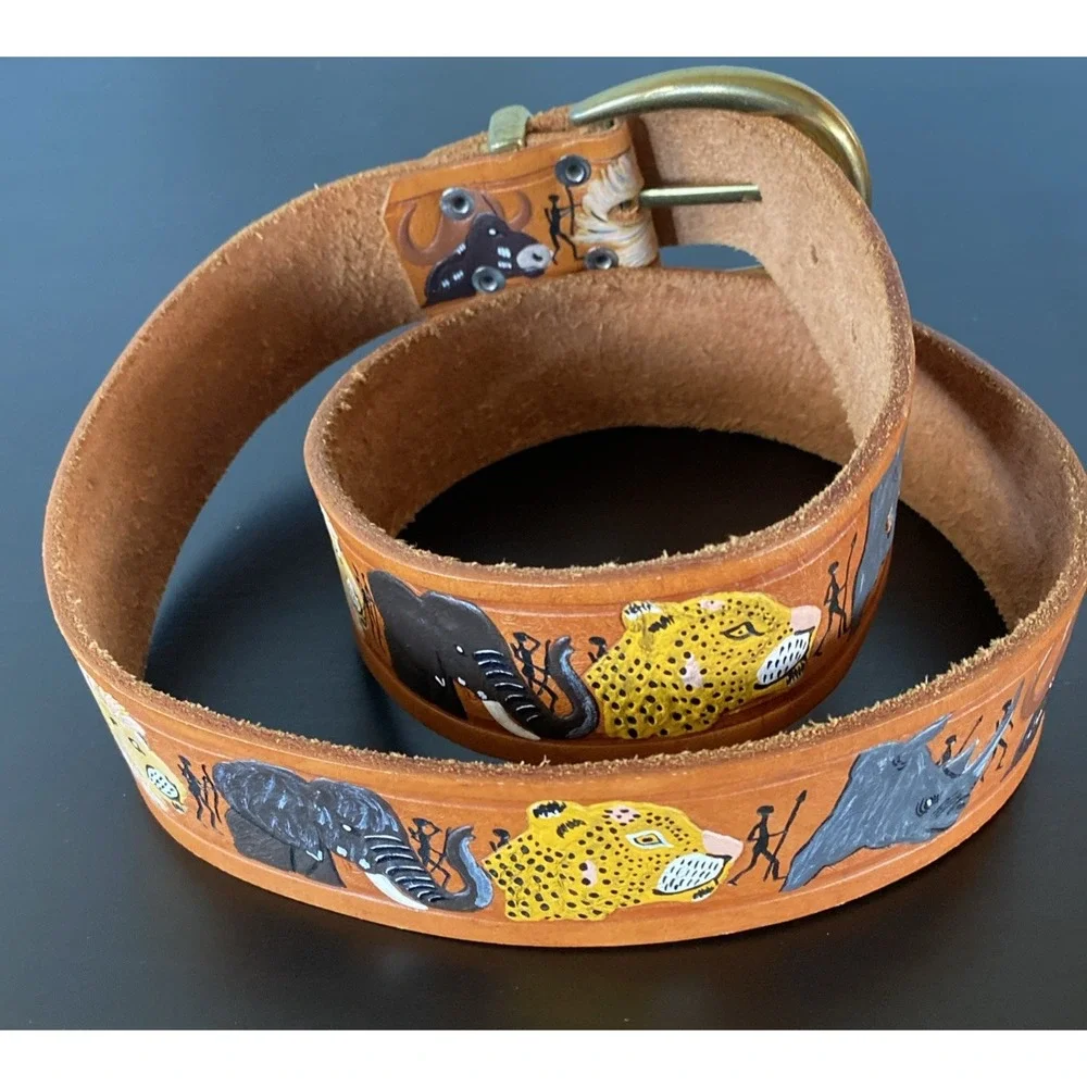 Tooled Leather Belt Brown Hand Painted Animals Safari Africa‎ Artisan  Boho 34